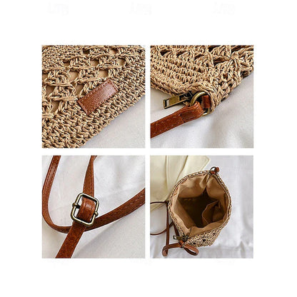 Handwoven Straw Crossbody Bag for Women – Boho Rattan Shoulder Bag with Adjustable Strap, Lightweight Summer Beach Purse for Vacation, Travel & Casual Outings Army Green Brown Khaki
