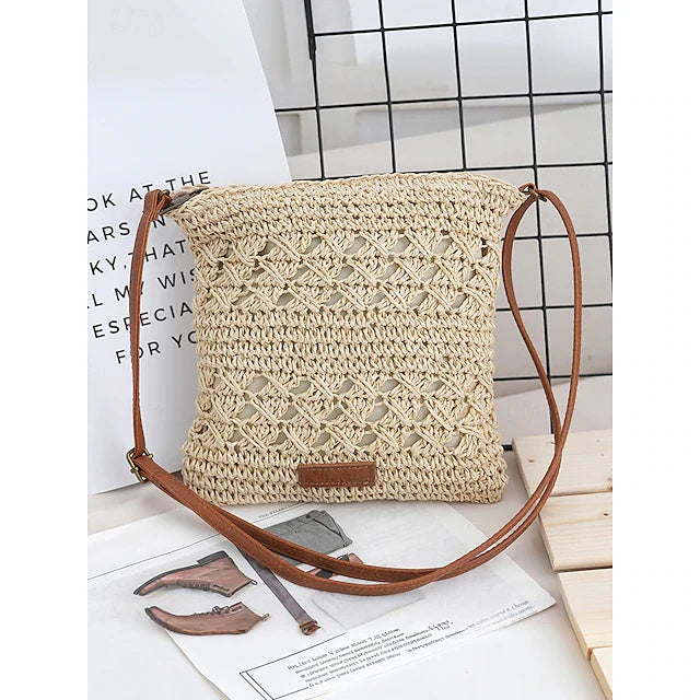 Handwoven Straw Crossbody Bag for Women – Boho Rattan Shoulder Bag with Adjustable Strap, Lightweight Summer Beach Purse for Vacation, Travel & Casual Outings Army Green Brown Khaki