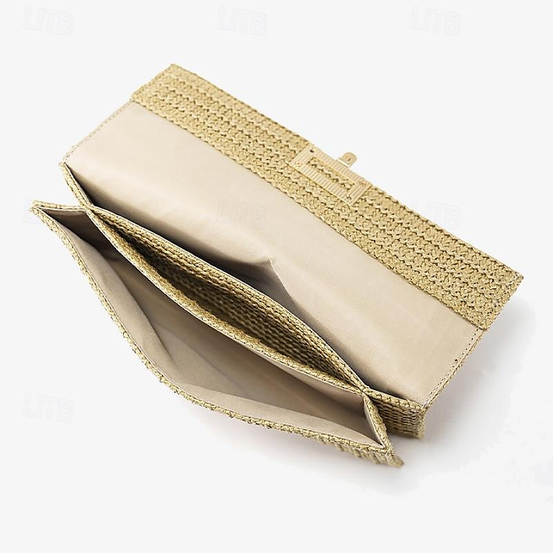Women's Elegant Gold Straw Clutch with Designer-Style Closure - Perfect for Evening Events